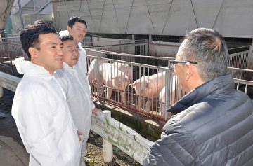豚舎を視察する（左から）矢倉政務官、上田氏、三浦氏＝17日　神奈川・厚木市