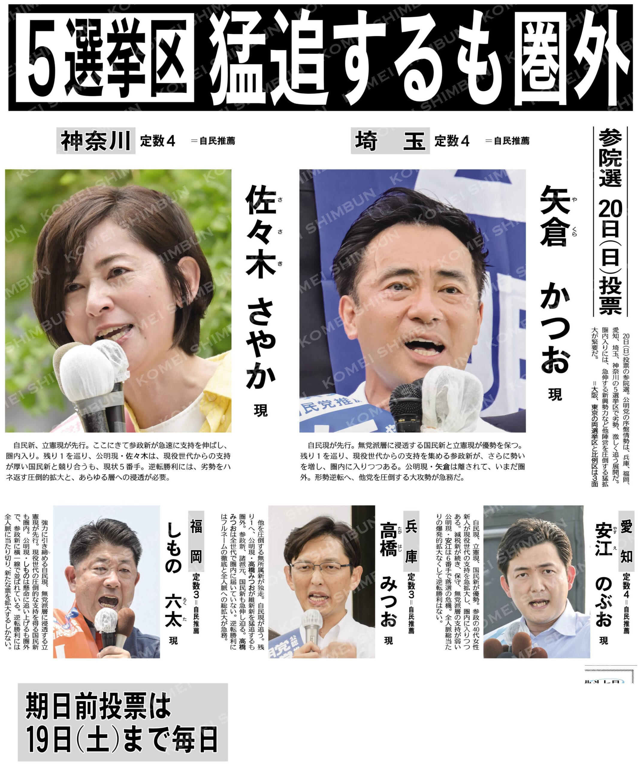 （参院選）５選挙区、猛追するも圏外／２０日（日）投票、期日前投票は１９日（土）まで毎日